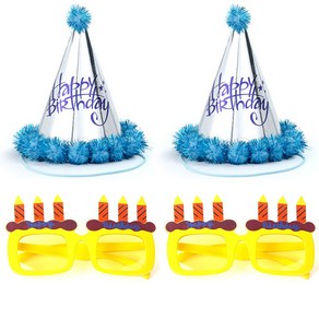 파티팡 솜방울 생일 고깔모자 은박 블루 2p + 생일 촛불 안경 2p 세트, 옐로우, 1세트