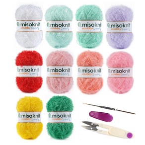 미소털실 미니 에코 수세미실 10볼 + 코바늘 + 쪽가위 뜨개질 DIY 패키지, 1개, 혼합색상