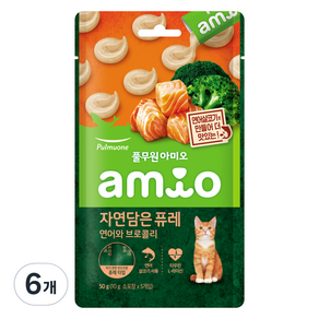 풀무원 고양이 전연령용 아미오 자연담은 퓨레 연어와 브로콜리, 50g, 6개, 연어