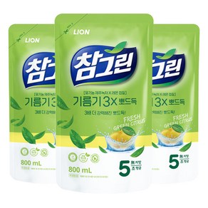 참그린 기름기 3x 뽀드득 일반주방세제 리필, 800ml, 3개