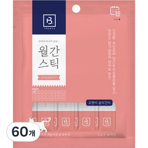 브리더랩 하루에 하나씩 월간스틱 고양이 간식, 닭가슴살 + 연어 혼합맛, 60개, 11g