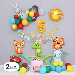 피앤비유니티 동물농장 생일풍선 숫자5 세트, 무광골드(숫자풍선), 골드(가랜드), 랜덤발송(라텍스 풍선, 커링리본), 2세트