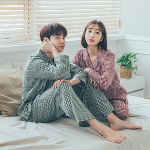 도씨 커플용 순면 긴팔 카라 잠옷 상하의 2종 세트