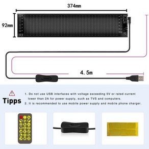 LED 자동차 디스플레이 스크롤링 표지판 USB RGB 원격 앱 제어 패턴 그래피티 매트릭스 픽셀 패널 5V, 1개