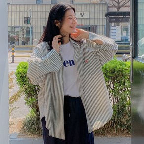 로로텐 스트라이프 원포켓 카라 남방 긴팔 오버핏 여성 빅사이즈