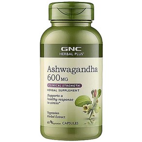 GNC Hebal Plus Ashwagandha 600mg 60캡슐 스트레스에 대한 건강한 반응 지원, 1개