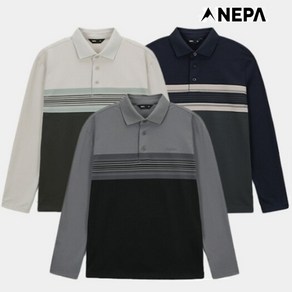 네파_NEPA_24FW 남성 일상생활에서 편안하게 착장하기 좋은 스타일 심플한 자수 로고 포인트 스트라이프 패턴 기모 폴로 티셔츠