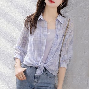 besteffie 여성 캐주얼 체크 무늬 패턴 디자인 루즈핏 얇은 셔츠 봄 여름 카라넥 긴팔 블라우스 K16
