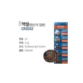 [MAXELL] [리튬전지] CR-2032 [240mAh/5알] [메인보드 및 타 제품용] (원산지:일본), 5개입, 1개