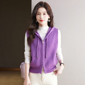 ROYALBELLE 여성 봄 가을 후드 디자인 지퍼 니트 조끼 나시 카디건 박시 쇼트 코트 E0122308