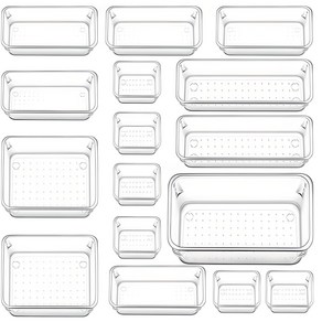 SAIVEINA 다용도 옷장 주방 사무실 화장품 욕실 책상 서랍 정리함 트레이 5가지 사이즈 아크릴 투명 보관 수납함 16피스, 1세트
