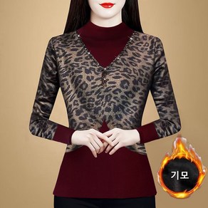 ROYALBELLE 여성 도톰 기모 호피무늬 티셔츠 긴팔 하프넥 패치워크 베이직 티셔츠 V122408