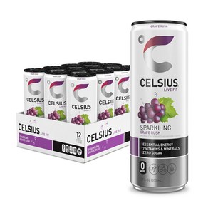 CELSIUS 스파클링 스트로베리 레모네이드 기능성 에센셜 에너지 드링크 350ml12온스 12팩 217151, 스파클링 포도 러쉬, 355ml, 12개