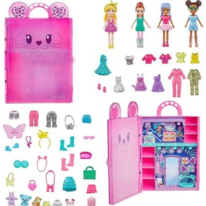 Polly Pocket 인형 4개 애완동물 3개 및 패션 액세서리 50개 세트 Stylin' Safai 패션 컬렉션 동물 테마 케이스, Polly Pocket 폴리포켓 인형 4개, 애완동물