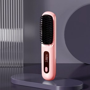 신형 LCD USB 충전식 무선 헤어 스트레이트너 음이온 브러쉬형 고데기 휴대용, 로맨틱 핑크
