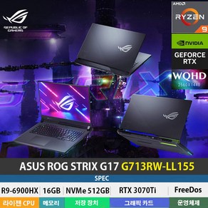 (당일발송)ASUS ROG STRIX G17 G713RW-LL155 R9-6900HX/DDR5 16GB/NVMe 512GB/RTX3070Ti/FREEDOS/QHD/게이밍 영상작업