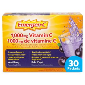 (캐나다 직송) Emegen-C Immune Suppot Fizzy Dink Mix 비타민과 미네랄 부스트 아사이베리 30개입, 1개, 30회분