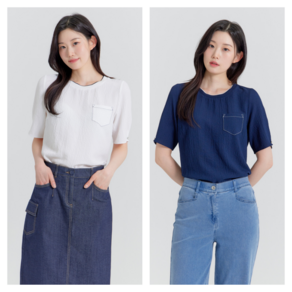 지센 LFTSP402 리플 소재 포켓 장식 블라우스형 반팔 티셔츠IlK1128156