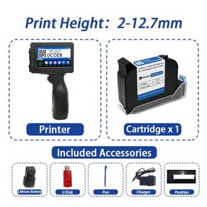 DCODE 1755PLUS 휴대용 열전사 잉크젯 프린터 빠른 건조 잉크 텍스트 QR 바코드 배치 번호 로고 라벨 프린터 12.7mm, 8) with 1 ink - 미국 플러그, 1개