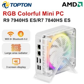 Topton 미니 PC RGB 컬러 게이머 AMD Ryzen 9 7940HS ES R7 7840HS ES 미니 PC 윈도우 11 와이파이 6 게임용 PC DDR5 NVMe SSD, 없음, 8GB, 17) 8GB DDR5 256GB SSD - Ryzen