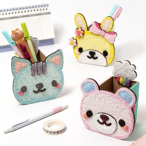 ms 민화샵 동물연필꽂이 칼라폼클레이 연필꽂이 DIY 곰토끼고양이 MDF도안 채색 클레이붙이기 촉감놀이, 곰