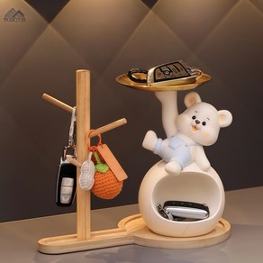 POMTOR 행운의 선물 귀여운 곰 현관 장식품+우드 차키 악세사리 행거 1세트, 파란색