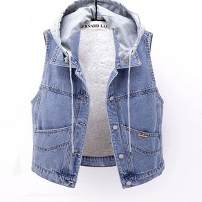 빅사이즈 여성 기모 데님 후드 조끼 숏 봄 가을 겨울 간절기 두꺼운 슬림핏 여자 베스트 denim vest women JX1304