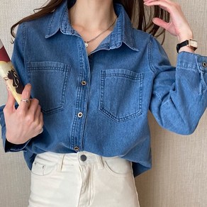 더블유 여성 세미루즈핏 투포켓 데님셔츠 청남방