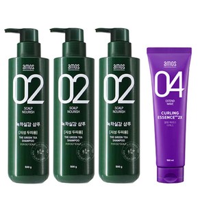 아모스 녹차실감 지성 탈모 샴푸 500ml 3개 + 스타일 컬링 에센스 2x 150ml 세트, 1개