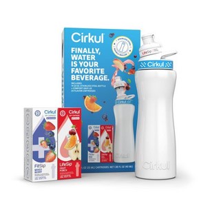 써큘 Cikul 22oz. 화이트 스테인리스 스틸 물병 스타터 키트 블루 뚜껑 2개의 플레이버 카트리지(1개의 LifeSip 과일 펀치와 1개의 FitSip 혼합 베리), 1개