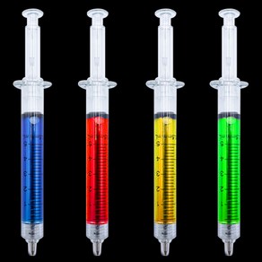 주사기 볼펜 칼라 4색 학원 교회 선물용 캐릭터 잘써지는 필기감좋은 부드러운 판촉용 펜