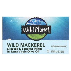 Wild Planet 와일드 플레닛 Mackeel Skinless Boneless Fillets in Exta Vigin Olive Oil 4.4 oz 125 g, 125g, 1개