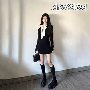 AOKADA 겨울스커트 나비넥타이 리본 어깨끈 긴팔 원피스 여자 봄가을 분위기 미니 스커트 허리 조임 힙라인 스커트