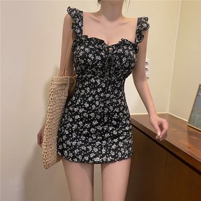 SAHINER 여성 스퀘어넥 플라워 나시 원피스 수영복 AYY01, M, 블랙