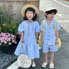 [당일발송]온리히얼 체크하늘남매룩 상하복세 아기여름상하복 유아상하복 여름상하복 여름남매룩 두돌아기옷 남매룩 남아상하복