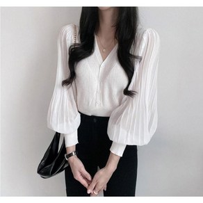 수스타몰 여성 가디건 블라우스 그롭 니트 봄 셔링 배색 결혼식하객룩 데이트룩 여름