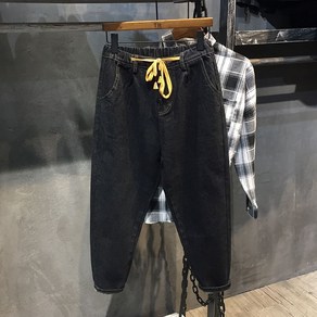 남성 반밴딩 9부 워싱 청바지 루즈핏 캐주얼 배기핏 스트링 데님 팬츠 청바지 봄 가을