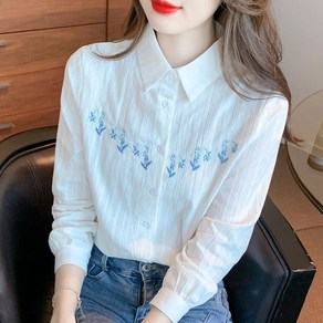 ROYALBELLE 여성 순면 플라워 자수 데일리 남방 세련된 패션 긴팔 카라넥 셔츠 상의 K062507