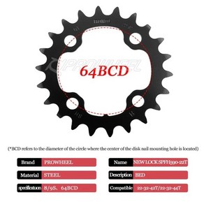 크랭크 부품 호환 PROWHEEL 104/64BCD 96/64BCD 자전거 체인 링 22/24/30/32/42/44T MTB 9S 10S 트리플 휠 세트, [01] 64-9S-22T steel, 1개