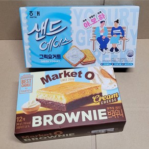 오리온 마켓오 크림치즈 브라우니 +해태 샌드에이스 그릭요거트 /학교 학원 어린이집 사무실 간식 카페스타일 (총444g), 444g, 1개, 444g