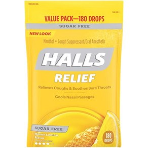 HALLS 무설탕 꿀 레몬 맛 기침 방울 백 1개(총 180방울) 180 Count (Pack of 1), 1개, 180정