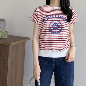 [행복여] 마린 스트라이프 레터링 포인트 루즈핏 반팔 티셔츠