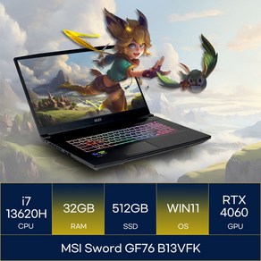 MSI Swod GF76 게이밍 노트북 17.3 코어i7 인텔 13세대 지포스 RTX 4060, 블랙, 512GB, 32GB, WIN11 Home, GF76 B13VFK
