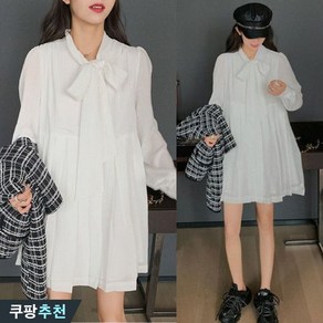 (매진 임박) 핏 예쁜 여성 가을 리본 주름 미디 원피스 블라우스 빅사이즈 날씬해보이는 편한 플리츠 루즈핏 무지 시스루 긴팔 이너 2xl 공주풍 간절기 데일리 여자 셔츠 원피스