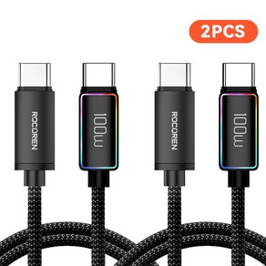 Rocoen LED PD 100W c to c 유형 초고속 충전 케이블 USB C 100W 알루미늄 합금 조명 디스플레이 케이블 데이터 전송, 2개, Black, 1000mm