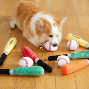 버닝오스 강아지 장난감 야구공 방망이 삑삑이, 1개, 노랑