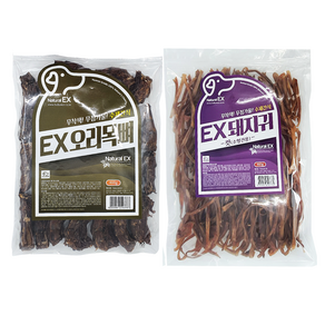 네츄럴EX 460g 대용량 1+1 수제간식, 1팩, 오리 목뼈 1팩 + 돼지귀 컷 1팩