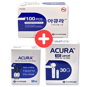 아큐라 혈당측정세트 [ 알콜솜 100매입 + 혈당측정검사지 50매입 + 채혈침 30G 100매입 ], 1개