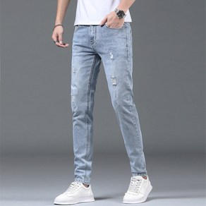 남성 봄여름 청바지 슬림 스판 캐주얼 찢청 데님팬츠 인어미남 Men's jeans