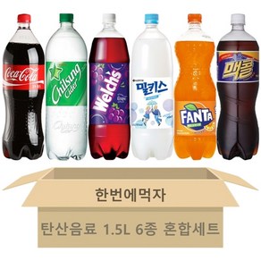 [한번에먹자] 1.5L 6종 대용량 탄산음료 세트 (코카콜라 + 칠성사이다 + 웰치스포도 + 밀키스 + 환타 오렌지 + 맥콜) 당구장 식자재 업소용 가정용 사무실 편의점음료수, 1세트